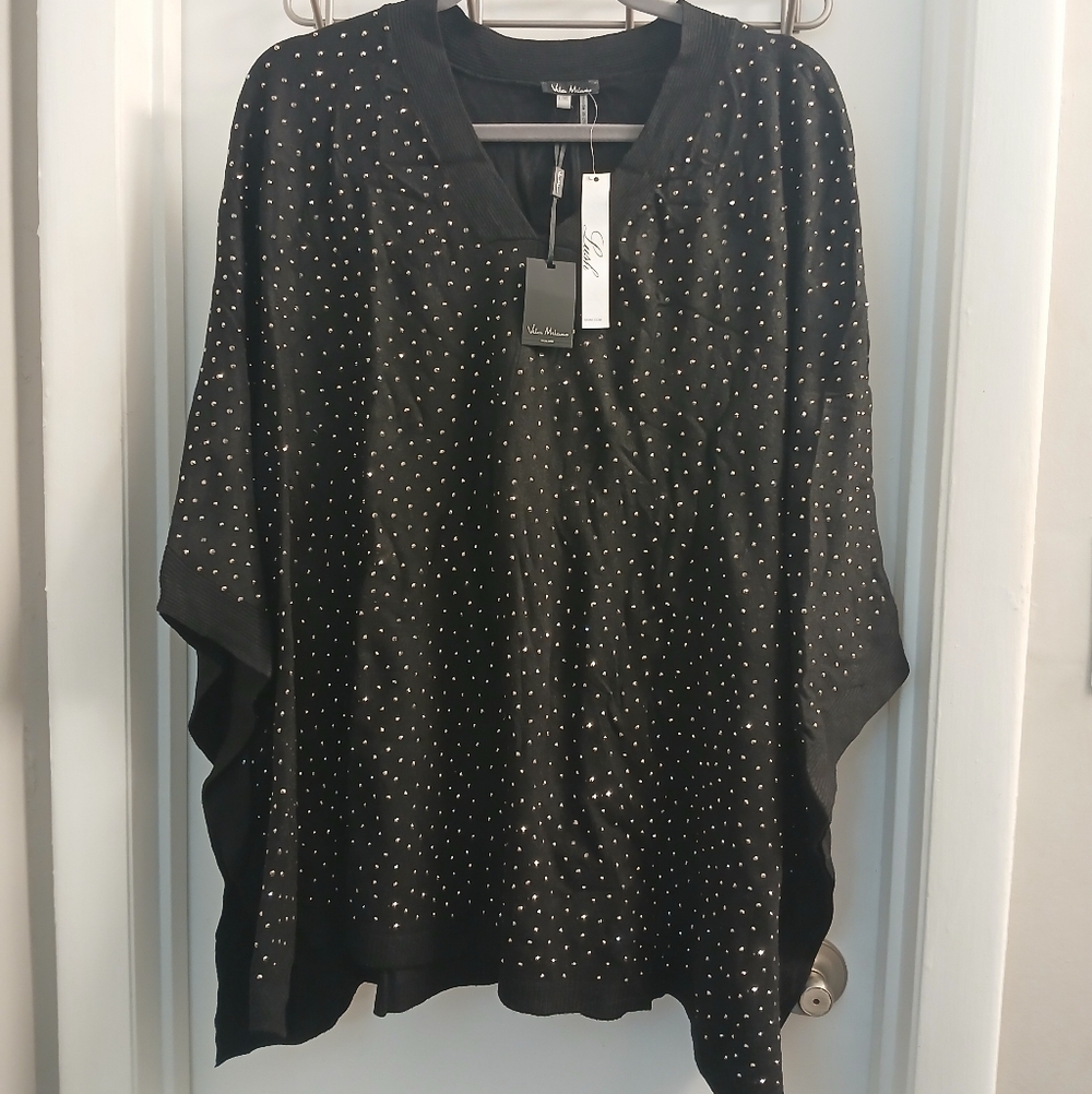 New! Lush Vilca Milano Black V-Neck Pullover Poncho with Metallic Studs L/XL